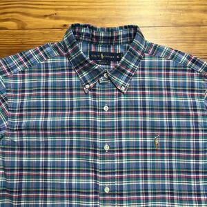 RALPH LAUREN Shirt Mens XL Classic Fit Plaid Button Up FLESH PONY 100% Cotton
